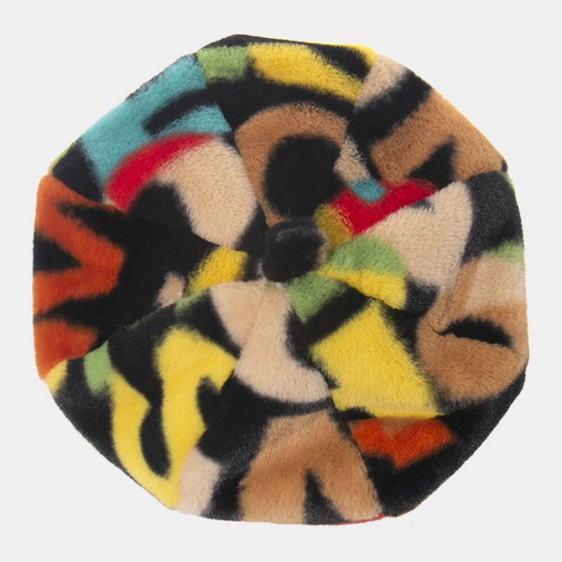 Unisexe Tie-dye En Peluche Style Britannique Chaud Doux Casual Tout Match Peintre Chapeau Béret Chapeau Octogonal Chapeau