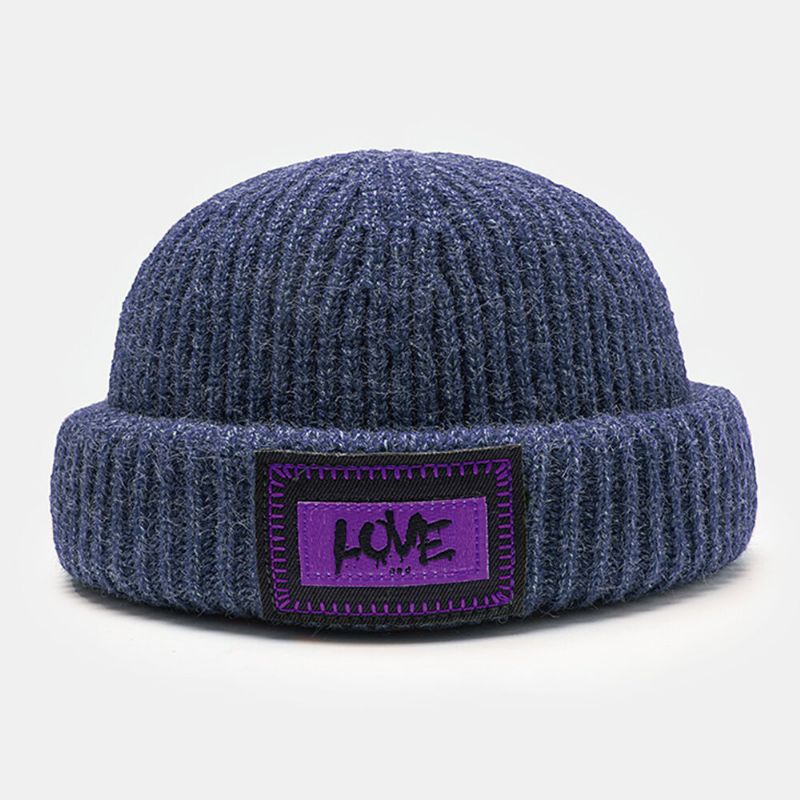 Unisexe Tricoté Chapeau Lettre Motif Patch Brimless Flanging Outdoor Warm Beanie Landlord Cap Skull Cap