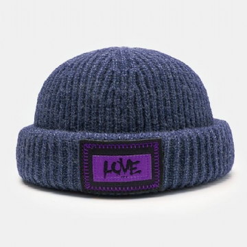 Unisexe Tricoté Chapeau Lettre Motif Patch Brimless Flanging Outdoor Warm Beanie Landlord Cap Skull Cap