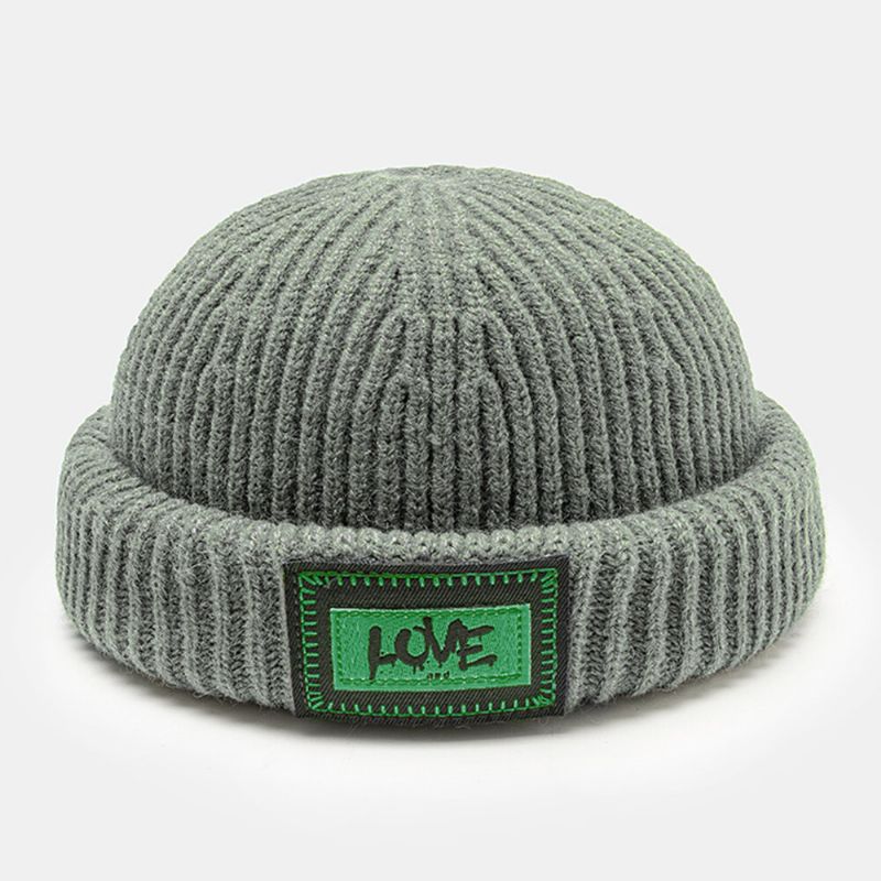 Unisexe Tricoté Chapeau Lettre Motif Patch Brimless Flanging Outdoor Warm Beanie Landlord Cap Skull Cap