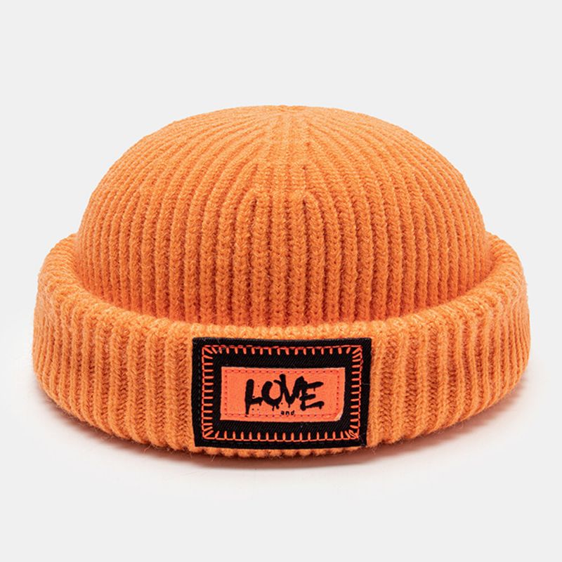 Unisexe Tricoté Chapeau Lettre Motif Patch Brimless Flanging Outdoor Warm Beanie Landlord Cap Skull Cap