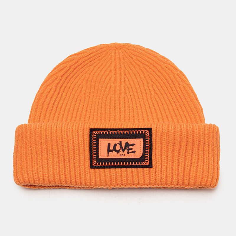 Unisexe Tricoté Chapeau Lettre Motif Patch Brimless Flanging Outdoor Warm Beanie Landlord Cap Skull Cap