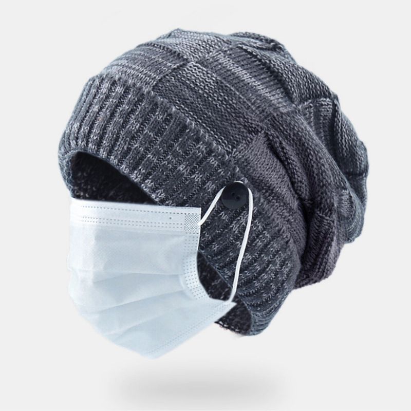 Unisexe Tricoté Chapeaux Couleur Mixte Plus Velours Épaissi Bouton Décoration Coldproof Casual Brimless Beanie Hat