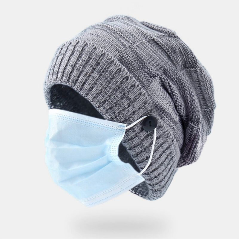 Unisexe Tricoté Chapeaux Couleur Mixte Plus Velours Épaissi Bouton Décoration Coldproof Casual Brimless Beanie Hat