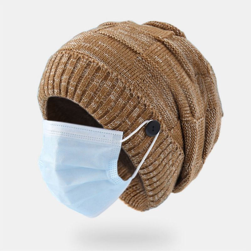 Unisexe Tricoté Chapeaux Couleur Mixte Plus Velours Épaissi Bouton Décoration Coldproof Casual Brimless Beanie Hat