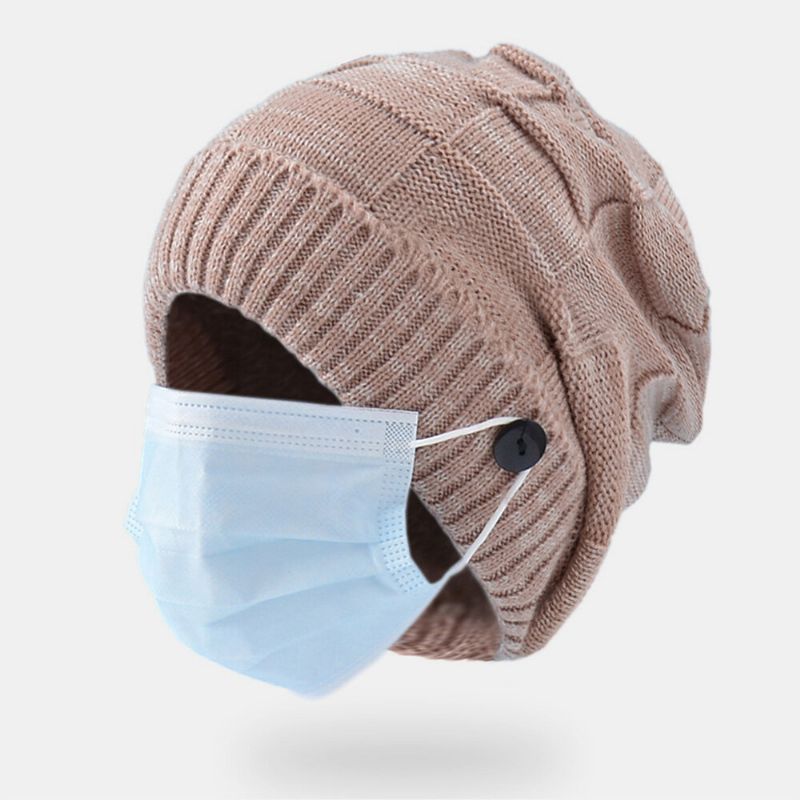 Unisexe Tricoté Chapeaux Couleur Mixte Plus Velours Épaissi Bouton Décoration Coldproof Casual Brimless Beanie Hat