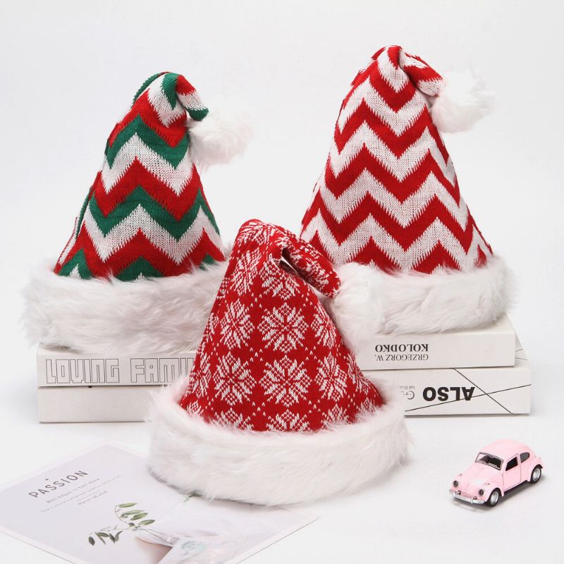 Unisexe Tricoté En Peluche Noël Chapeau De Père Noël Flocon De Neige Motif À Rayures Chaud Chapeau Tricoté Festif Chapeau De Noël