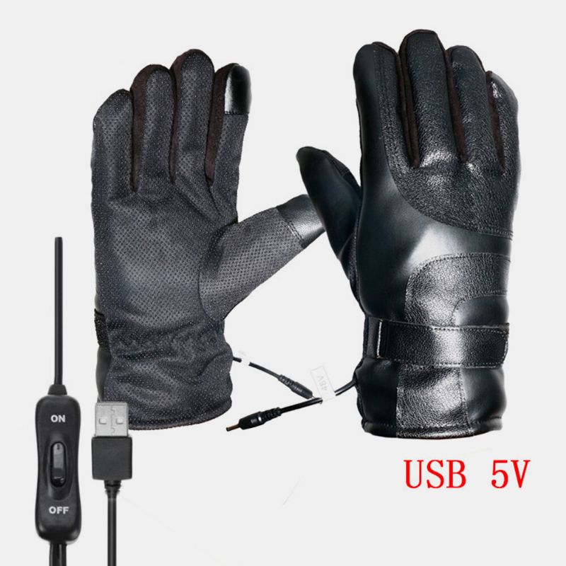 Unisexe Usb Charge Chauffage Extérieur Hiver Électrique Voiture Équitation Garder Au Chaud Waterptoof Coupe-vent En Cuir Gants