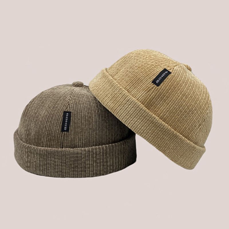 Unisexe Velours Côtelé Étiquette Patch Crâne Casquette Décontracté Extérieur Automne Hiver Chaud Réglable Sans Bord Bonnet Propriétaire Casquette