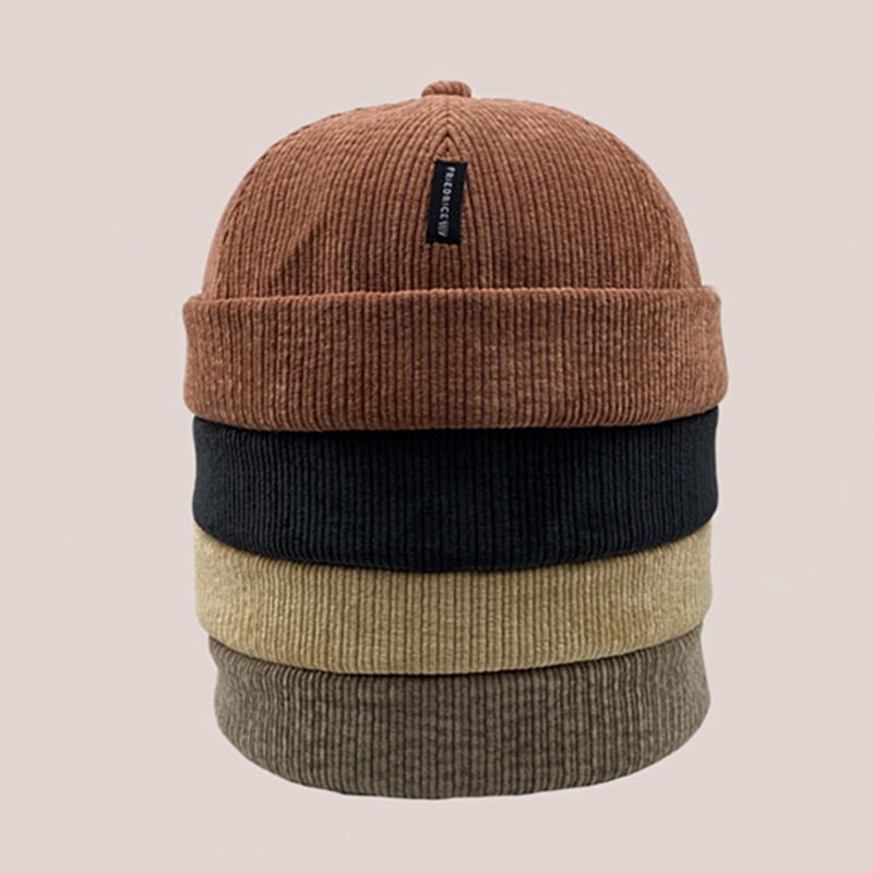 Unisexe Velours Côtelé Étiquette Patch Crâne Casquette Décontracté Extérieur Automne Hiver Chaud Réglable Sans Bord Bonnet Propriétaire Casquette