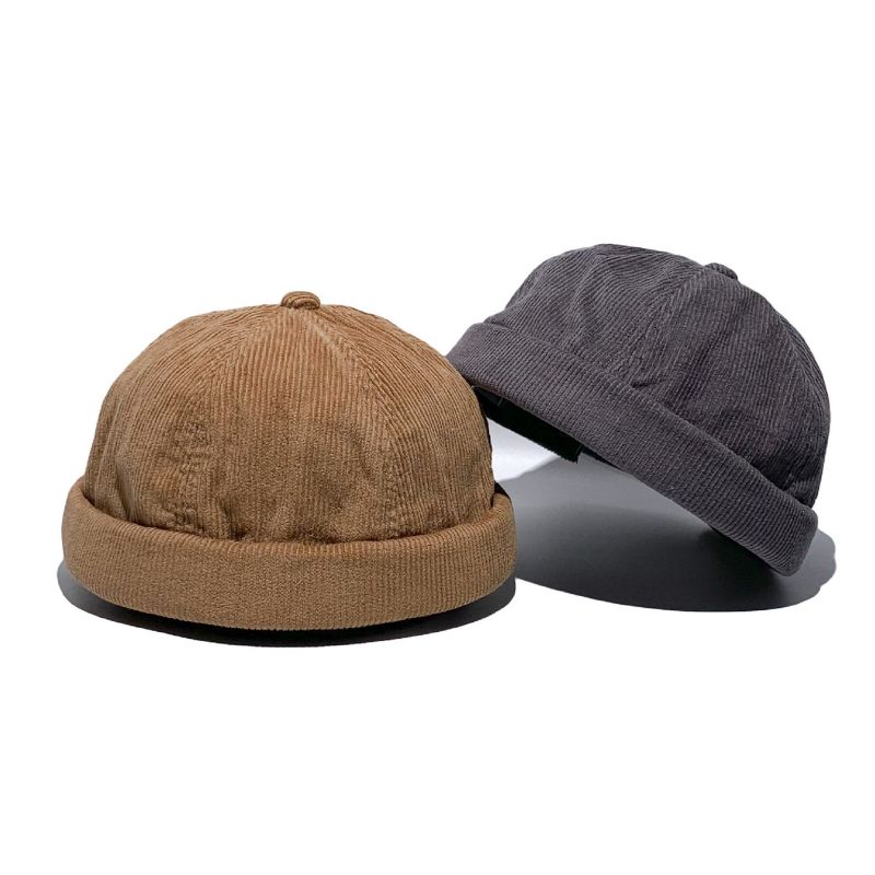 Unisexe Velours Côtelé Vintage Casual Réglable Hip Hop Brimless Beanie Landlord Hat Skull Cap