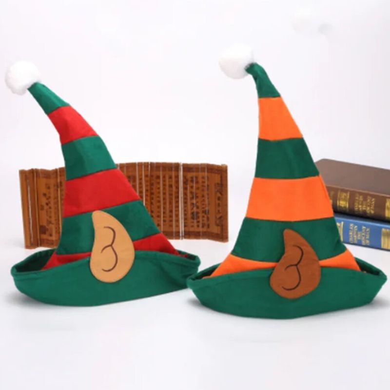 Unsiex Christmas Festive Little Elf Cosplay Elf Ear Orange Red Stripe Pattern Hat