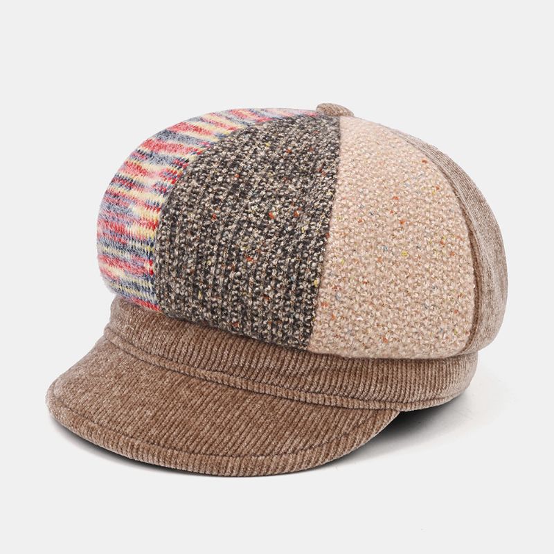 Unsiex Corduroy Patchwork Couleur Chaud All-match Casual Gavroche Chapeau Octogonal Chapeau Béret Chapeau