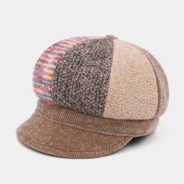 Unsiex Corduroy Patchwork Couleur Chaud All-match Casual Gavroche Chapeau Octogonal Chapeau Béret Chapeau