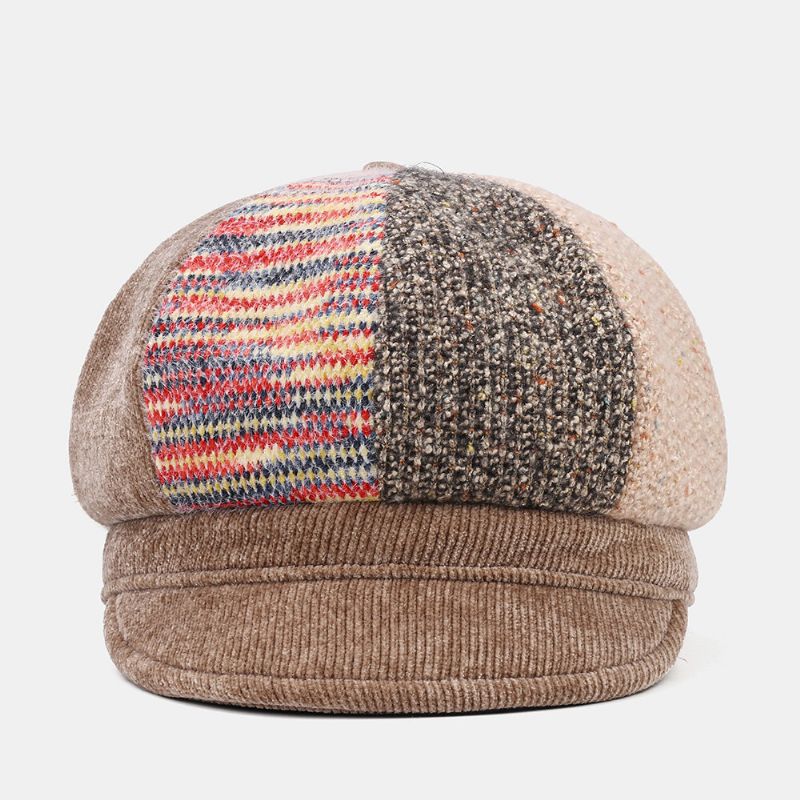 Unsiex Corduroy Patchwork Couleur Chaud All-match Casual Gavroche Chapeau Octogonal Chapeau Béret Chapeau