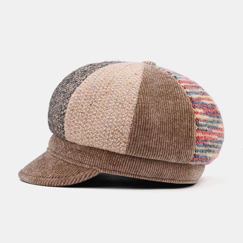 Unsiex Corduroy Patchwork Couleur Chaud All-match Casual Gavroche Chapeau Octogonal Chapeau Béret Chapeau