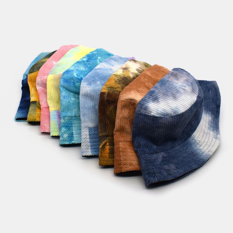 Unsiex Double Face Tie-dye Velours Côtelé Et Coton Chaud Doux Extérieur Décontracté Tout-match Chapeau Seau