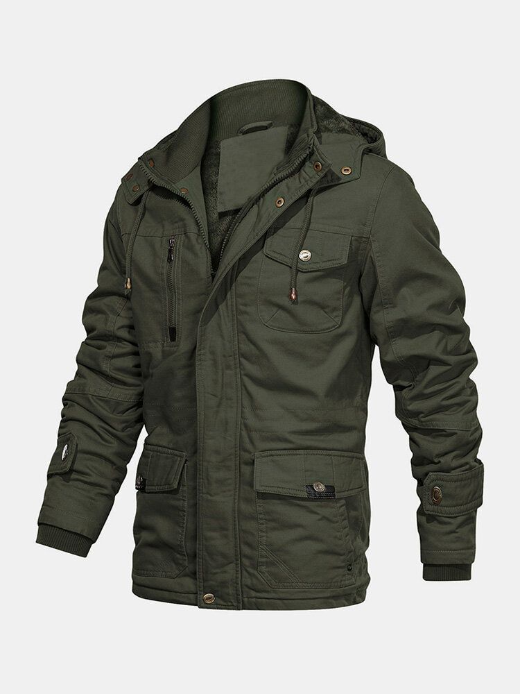 Veste À Capuche Épaisse Vintage Doublée Polaire Chaude Pour Homme Avec Plusieurs Poches