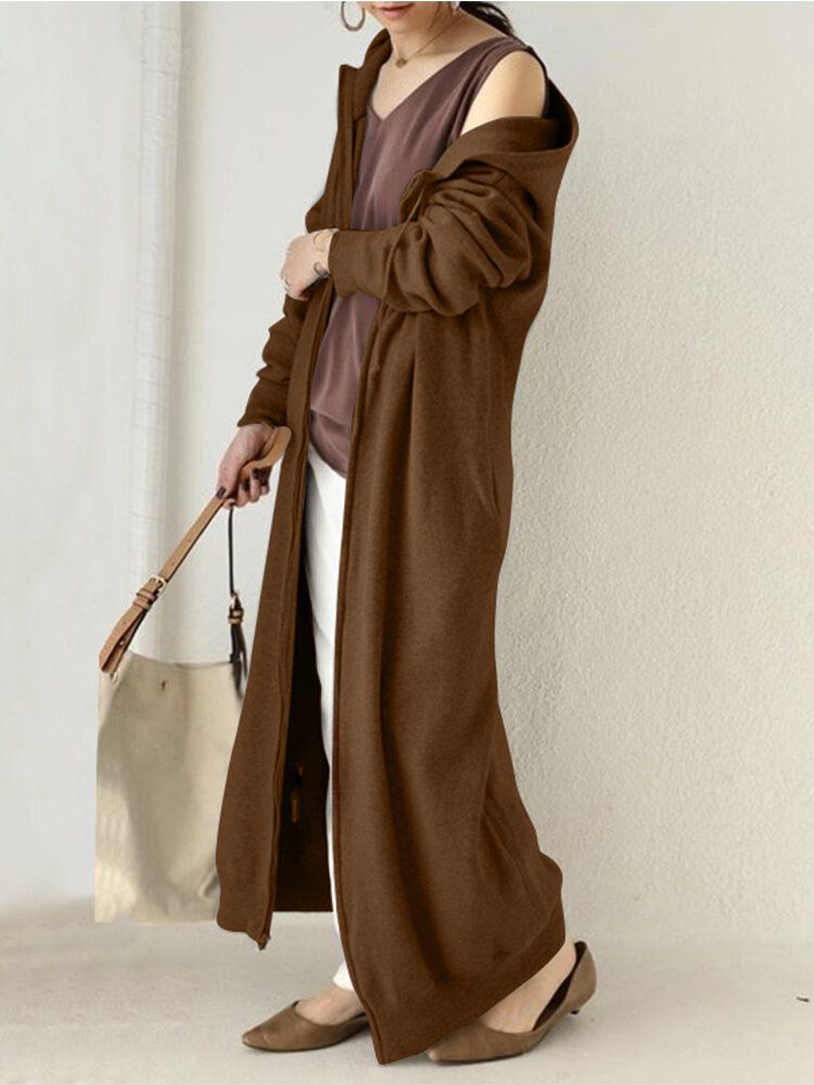 Veste À Capuche Longue À Fermeture Éclair Pour Femme Avec Poches Latérales