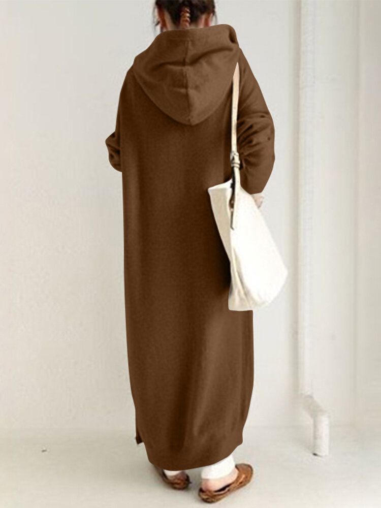 Veste À Capuche Longue À Fermeture Éclair Pour Femme Avec Poches Latérales