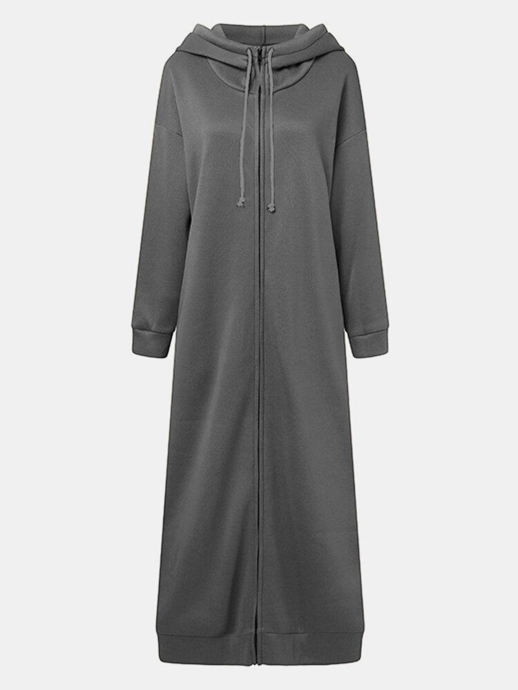 Veste À Capuche Longue À Fermeture Éclair Pour Femme Avec Poches Latérales