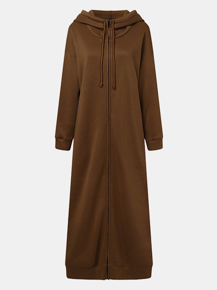 Veste À Capuche Longue À Fermeture Éclair Pour Femme Avec Poches Latérales