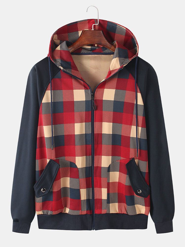 Veste À Capuche À Manches Raglan Avec Patchwork À Carreaux Pour Homme Avec Poche