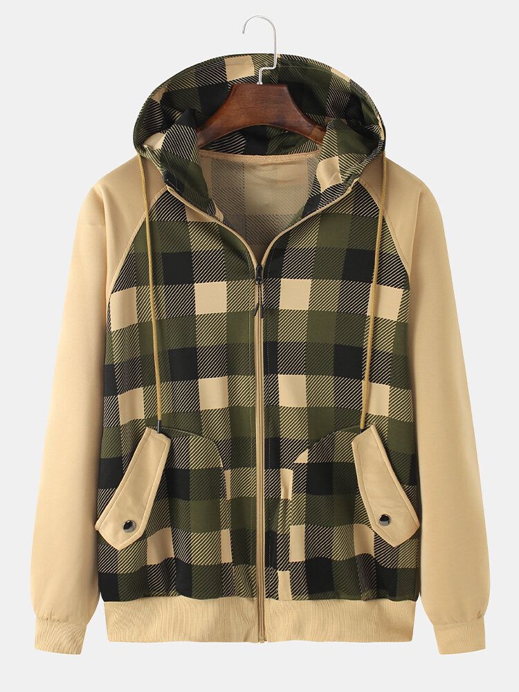 Veste À Capuche À Manches Raglan Avec Patchwork À Carreaux Pour Homme Avec Poche