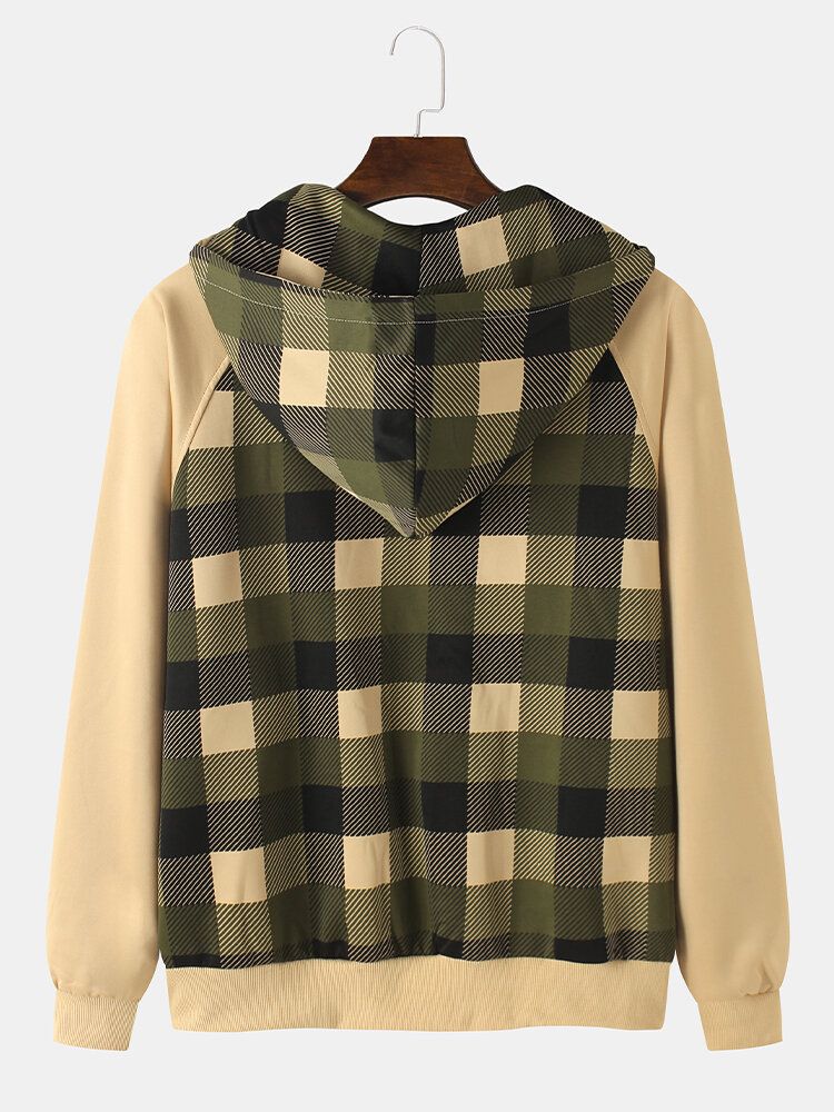 Veste À Capuche À Manches Raglan Avec Patchwork À Carreaux Pour Homme Avec Poche