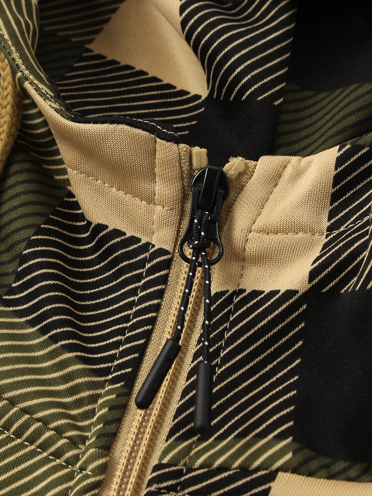 Veste À Capuche À Manches Raglan Avec Patchwork À Carreaux Pour Homme Avec Poche