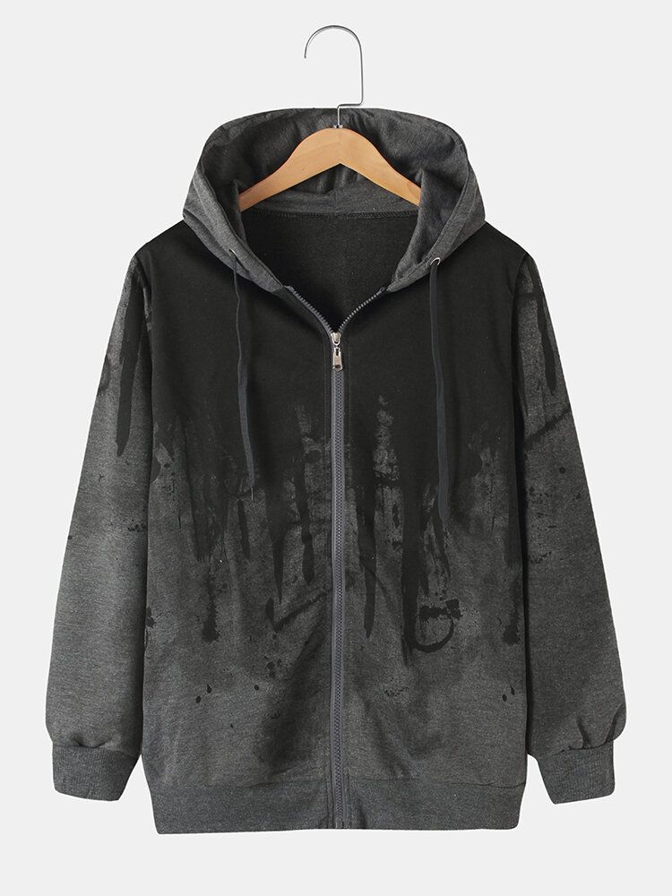 Veste À Capuche Zippée À Motif D'encre Pour Hommes Avec Poche Latérale