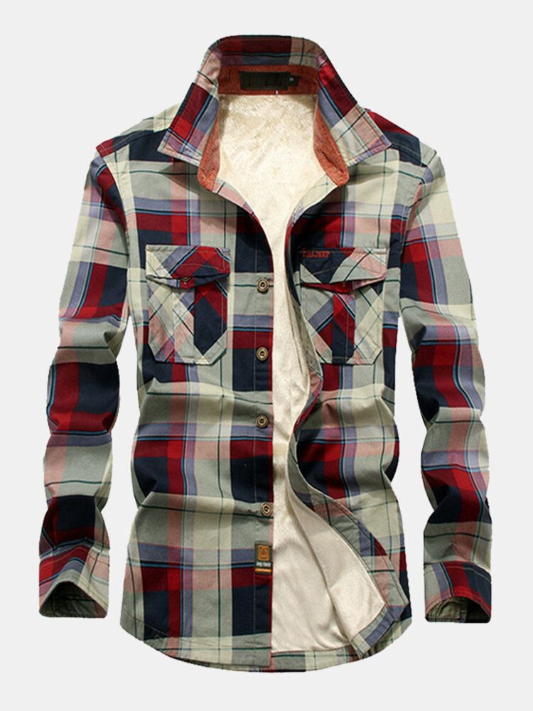 Veste Chemise Doublée Polaire Épaisse À Carreaux En Coton Pour Homme Avec Poche