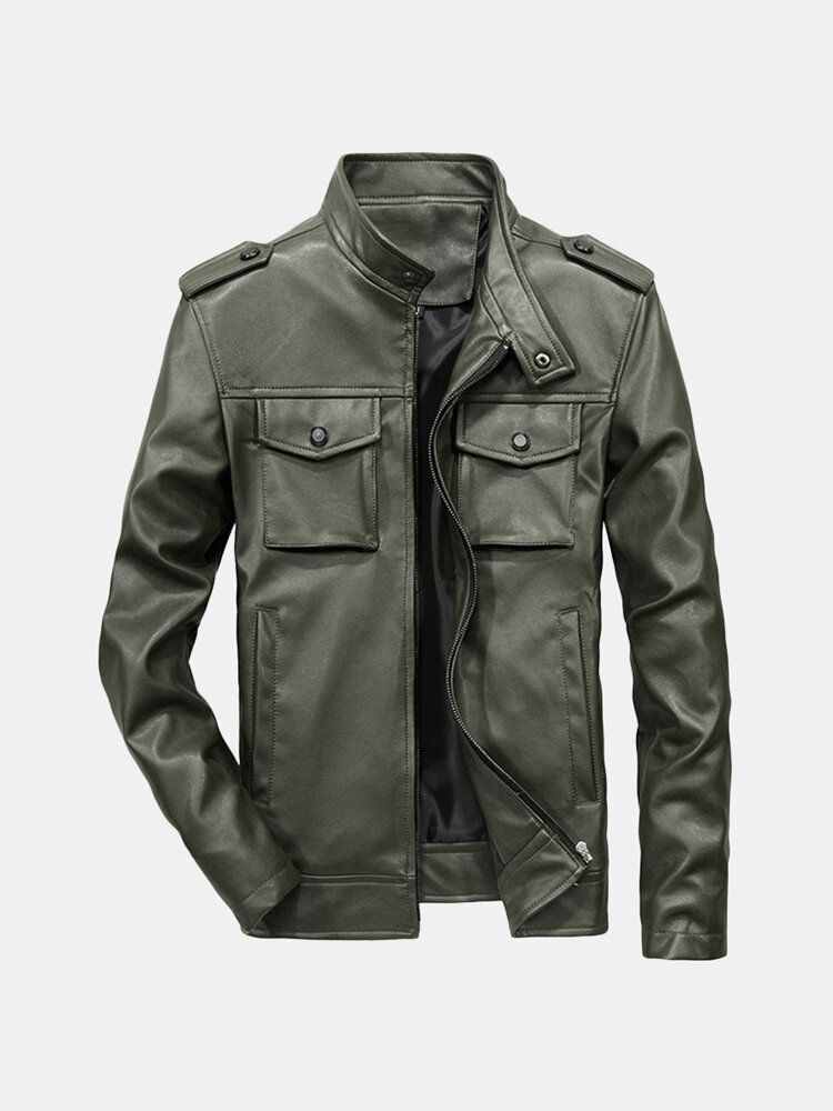 Veste À Col Montant En Similicuir Multi-poches Pour Homme