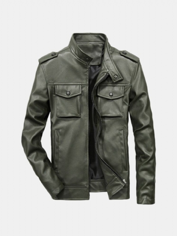 Veste À Col Montant En Similicuir Multi-poches Pour Homme