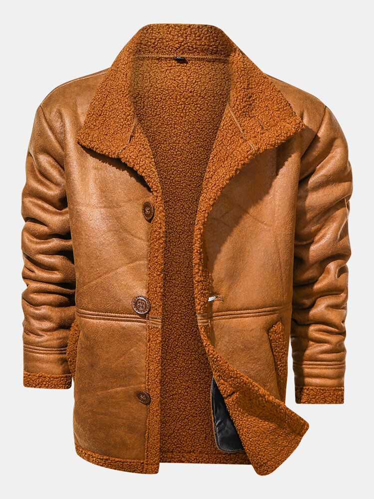 Veste En Cuir Pu Épaisse Doublée De Polaire De Couleur Unie Pour Hommes Avec Poche