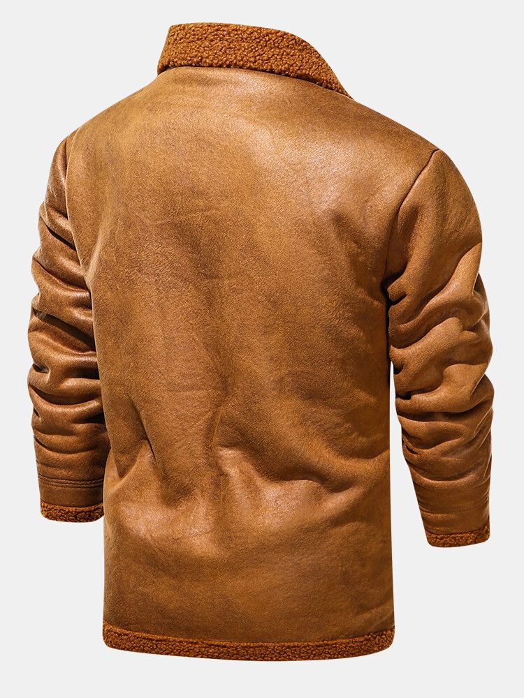 Veste En Cuir Pu Épaisse Doublée De Polaire De Couleur Unie Pour Hommes Avec Poche