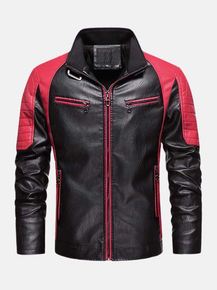 Veste En Cuir Pu Pour Moto Avec Patchwork Contrasté Pour Homme Avec Poche