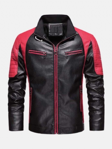 Veste En Cuir Pu Pour Moto Avec Patchwork Contrasté Pour Homme Avec Poche