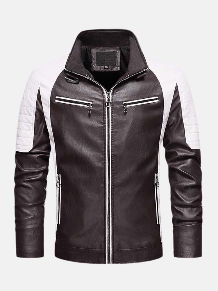 Veste En Cuir Pu Pour Moto Avec Patchwork Contrasté Pour Homme Avec Poche