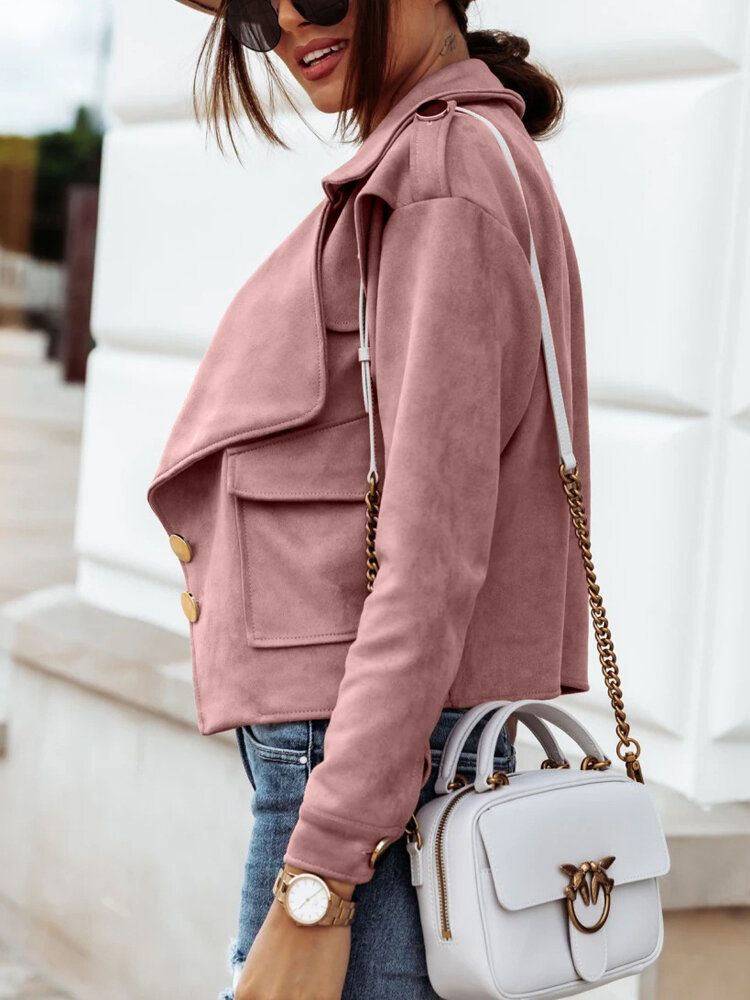 Veste Décontractée À Manches Longues En Faux Daim Pour Femme Avec Poche