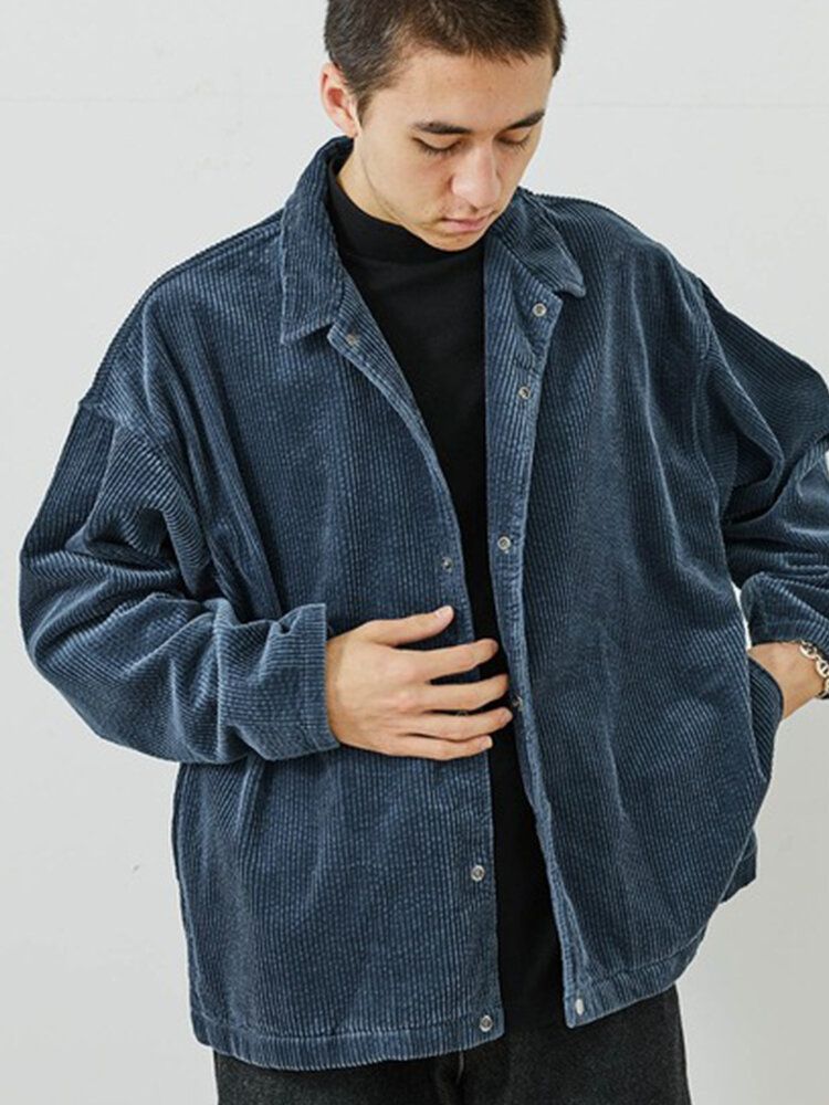 Veste À Manches Longues Chaude Pour Homme En Velours Côtelé De Couleur Unie Avec Revers