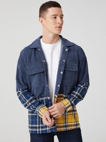 Veste À Manches Longues En Velours Côtelé Patchwork Pour Homme Avec Double Poche