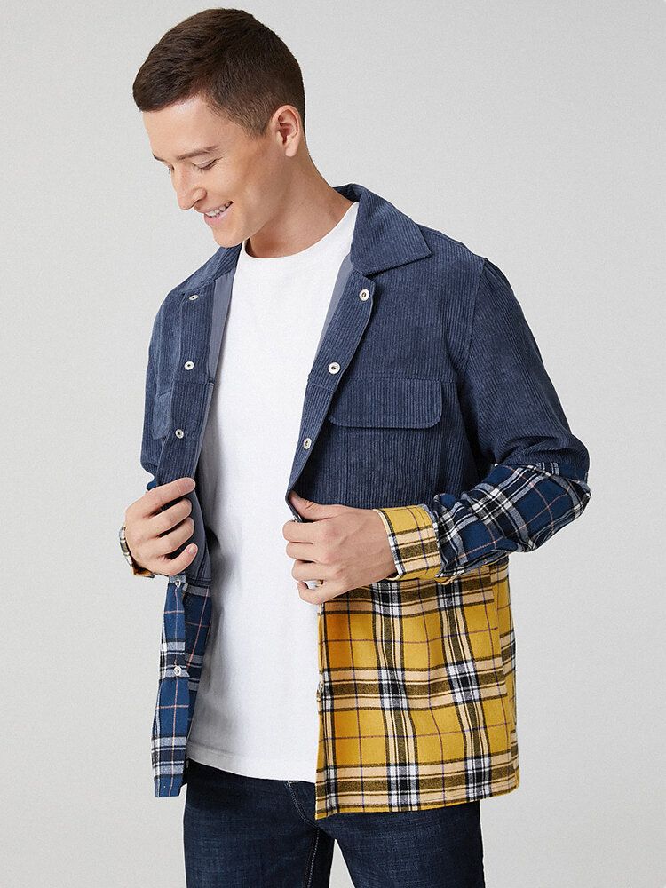 Veste À Manches Longues En Velours Côtelé Patchwork Pour Homme Avec Double Poche