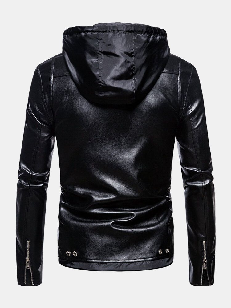 Veste De Motard À Capuche Asymétrique En Cuir Avec Fermeture Éclair Pour Homme