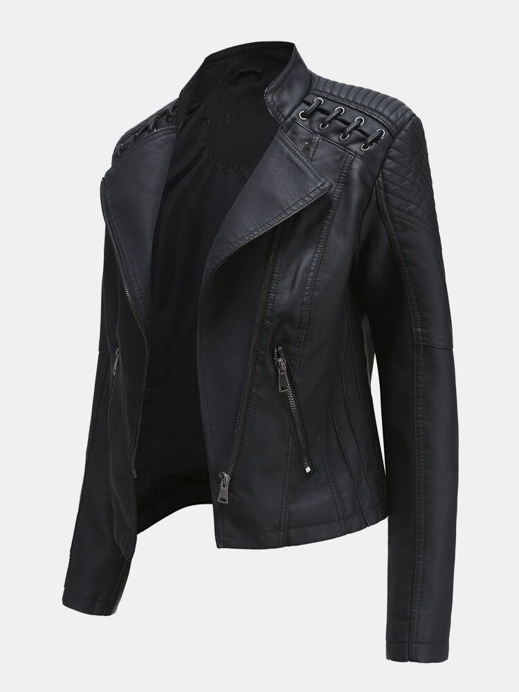 Veste De Moto Couleur Unie En Faux Cuir Pu Pour Femme