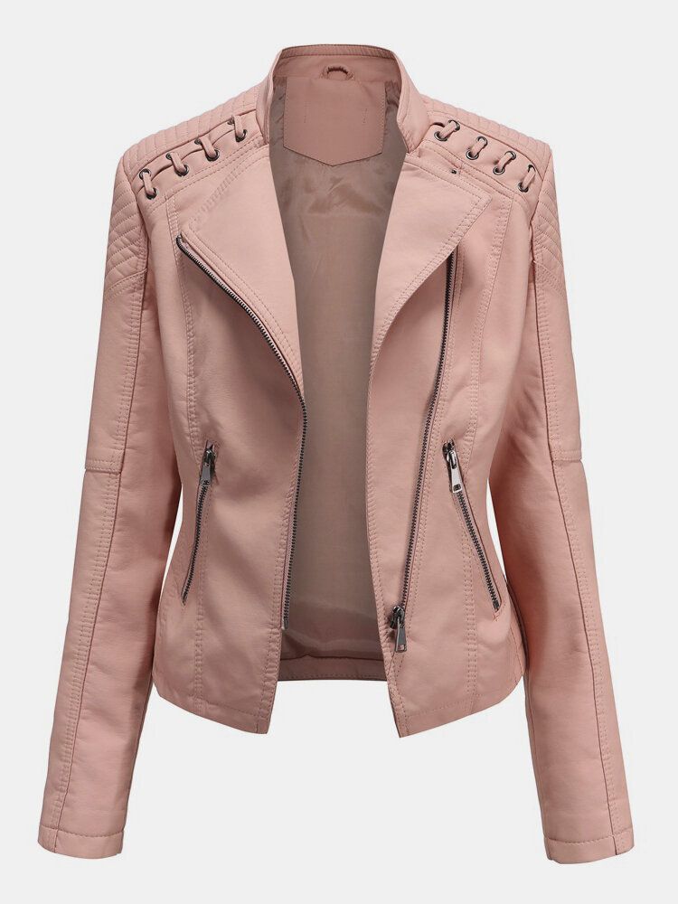 Veste De Moto Couleur Unie En Faux Cuir Pu Pour Femme