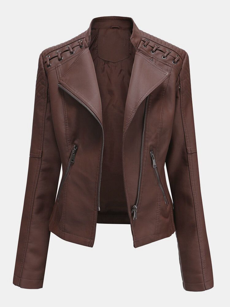 Veste De Moto Couleur Unie En Faux Cuir Pu Pour Femme