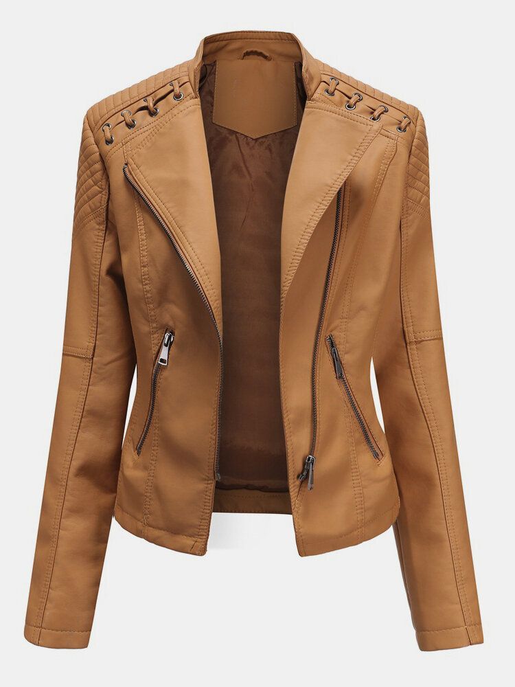 Veste De Moto Couleur Unie En Faux Cuir Pu Pour Femme