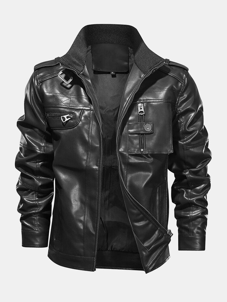 Veste De Moto À Manches Longues En Cuir Pu Noir Avec Poche Pour Homme