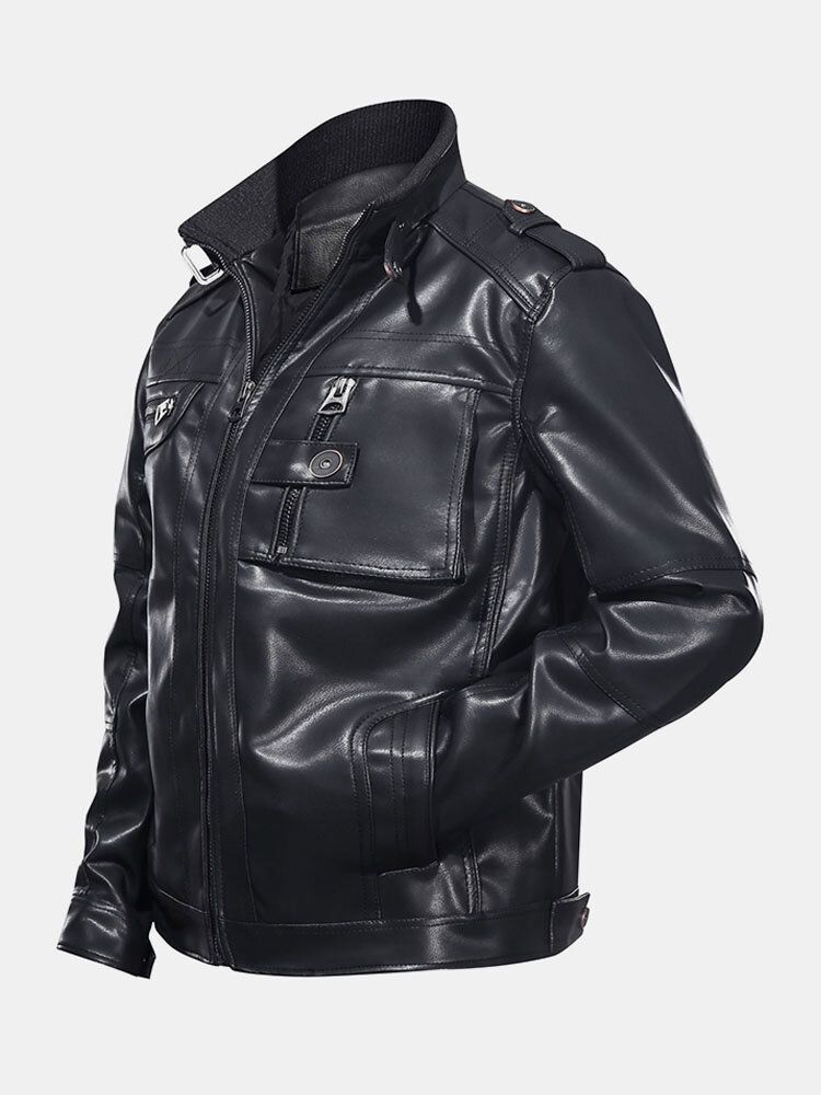 Veste De Moto À Manches Longues En Cuir Pu Noir Avec Poche Pour Homme